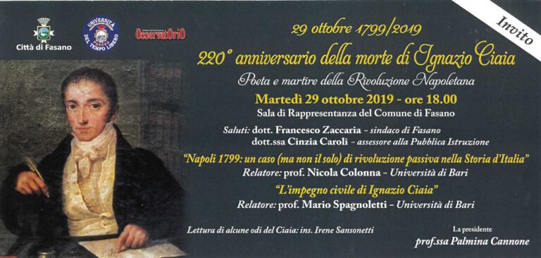 Ignazio Ciaia: celebrazione del 220° anno della dipartita - Osservatorio Fasano