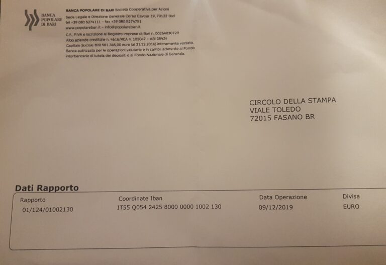 Aperto il conto corrente per la sottoscrizione al Ciporti - Osservatorio Fasano