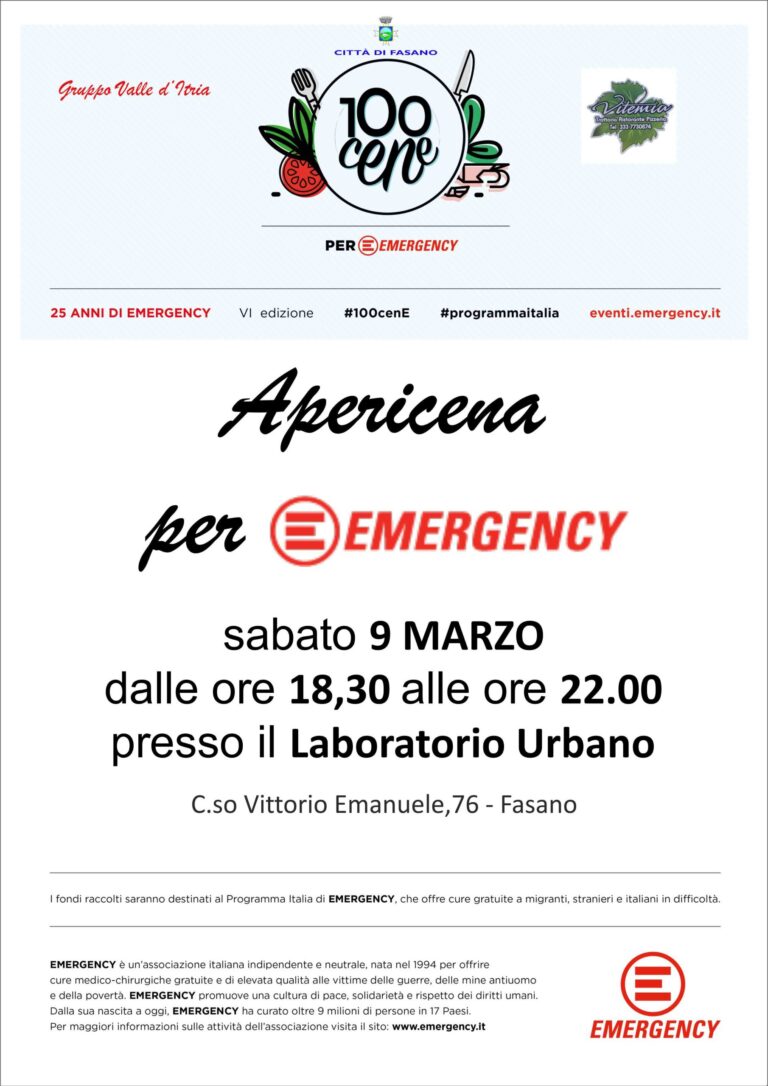 Ritorna l'iniziativa di foodraising '100 cene per Emergency' - Osservatorio Fasano