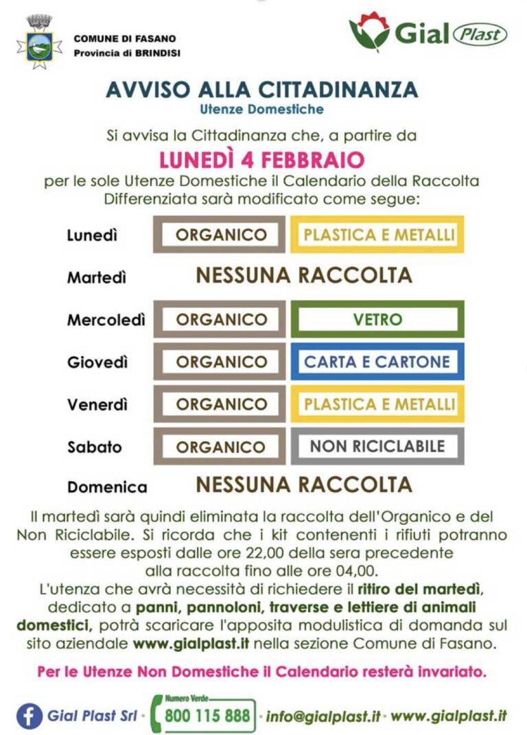 Raccolta Rifiuti: oggi parte il nuovo calendario - Osservatorio Fasano