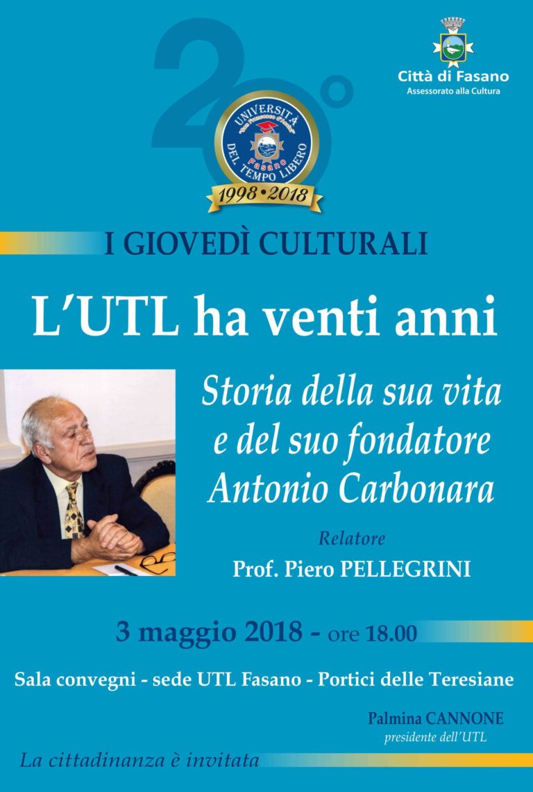 L’UTL racconta la storia dei suoi vent’anni di attività e del suo fondatore Antonio Carbonara in un ‘Giovedì culturale’ L'UTL racconta la storia dei suoi vent'anni di attività e del suo fondatore Antonio Carbonara in un 'Giovedì culturale' - Osservatorio Fasano