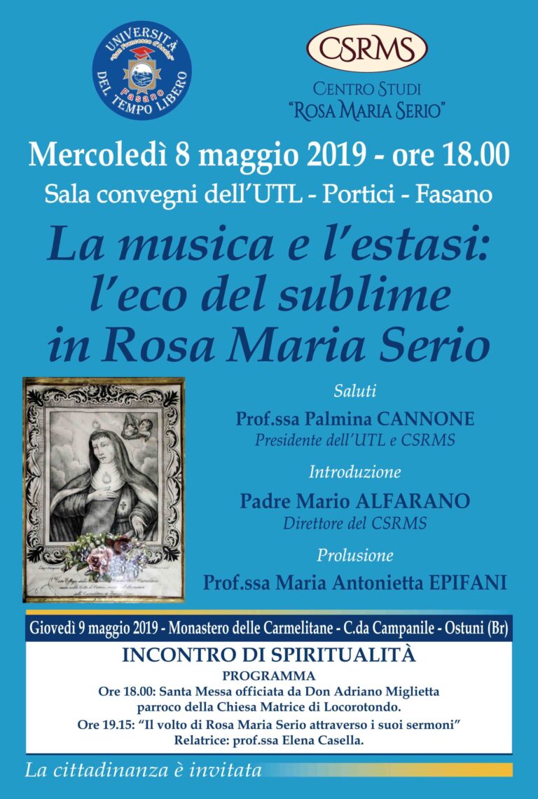 L’UTL e il CSRMS ricordano, l’8 e il 9 maggio, la venerabile Rosa Maria Serio L'UTL e il CSRMS ricordano, l'8 e il 9 maggio, la venerabile Rosa Maria Serio - Osservatorio Fasano