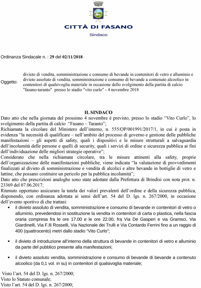 No Alcol per il derby Fasano - Taranto - Osservatorio Fasano