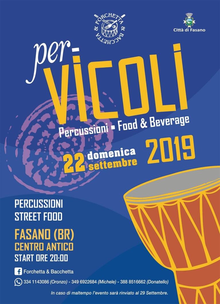 Domenica 22 percussioni e street food 'Per Vicoli' di Fasano - Osservatorio Fasano