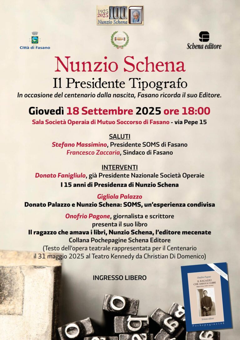 Continuano le celebrazioni per il centenario di Nunzio Schena, "Il Presidente Tipografo" - Osservatorio Fasano