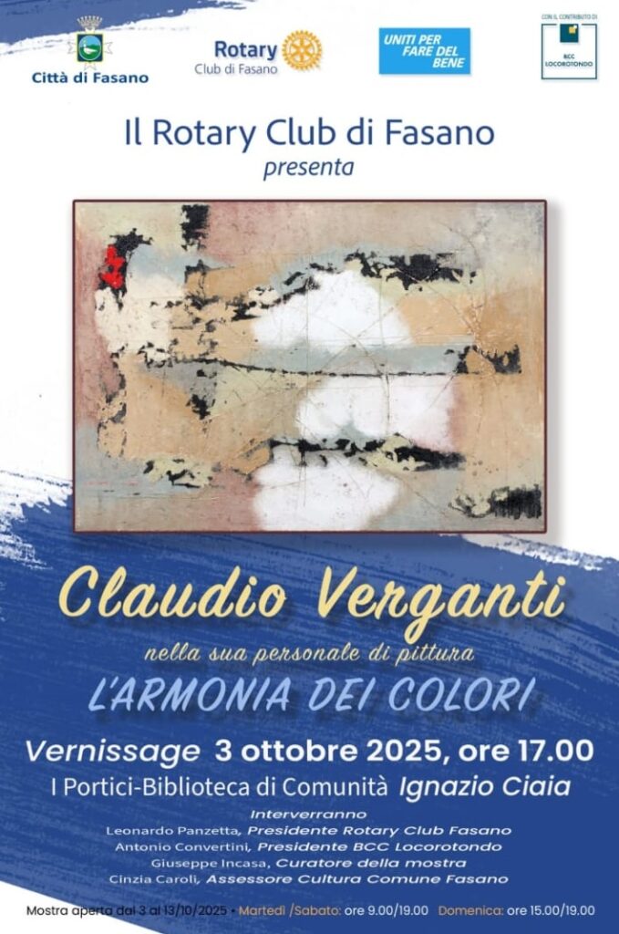 Rotary Club Fasano: "L'Armonia dei Colori" di Claudio Verganti alla Biblioteca di Comunità - Osservatorio Fasano