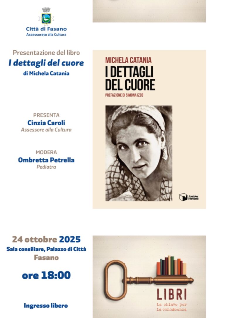 “I dettagli del cuore”: il romanzo di Michela Catania a Palazzo di Città "I dettagli del cuore": il romanzo di Michela Catania a Palazzo di Città - Osservatorio Fasano