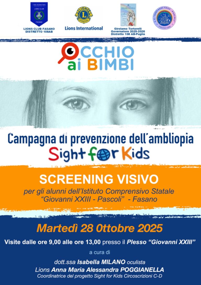 Il Lions Club Fasano promuove la prevenzione dell’ambliopia per i bambini dell’I.C. Giovanni XXIII – Pascoli di Fasano - Osservatorio Fasano