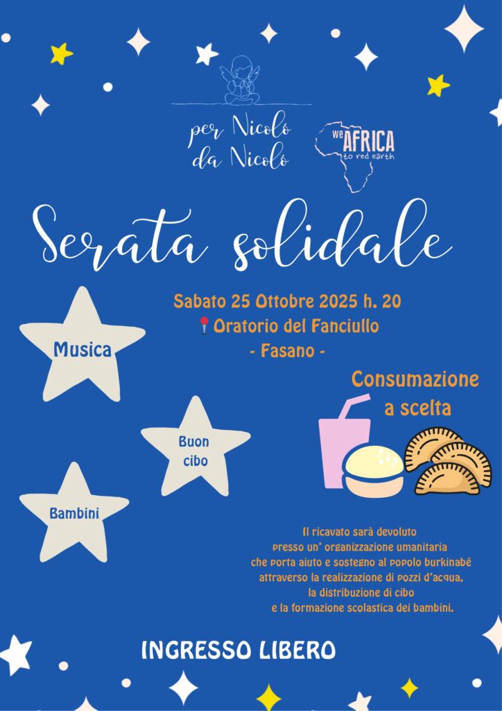 Appuntamento con la solidarietà sabato 25 ottobre a Fasano all’Oratorio del Fanciullo - Osservatorio Fasano