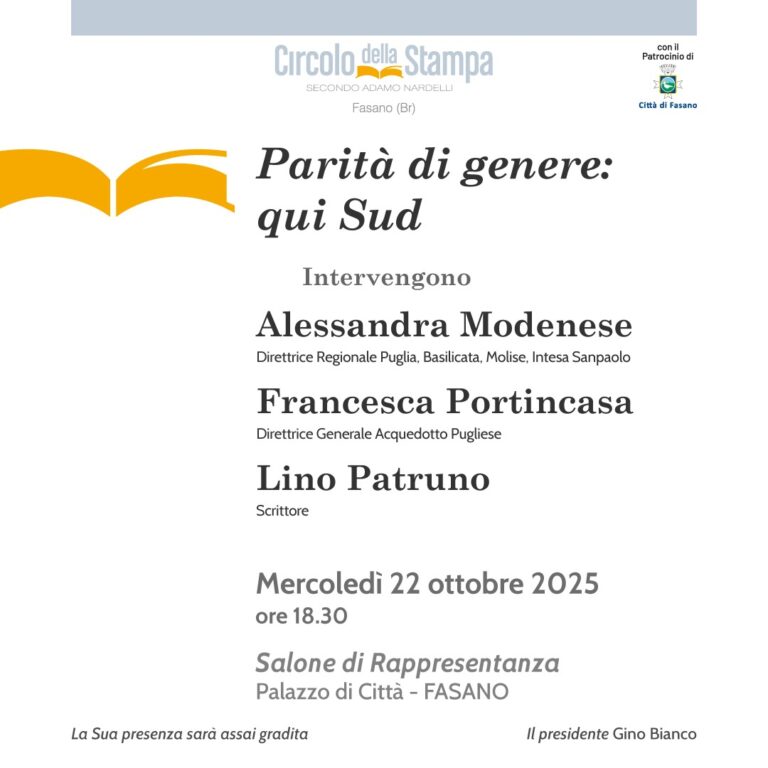 Circolo della Stampa “Secondo Adamo Nardelli”: Parità di genere: qui Sud. - Osservatorio Fasano