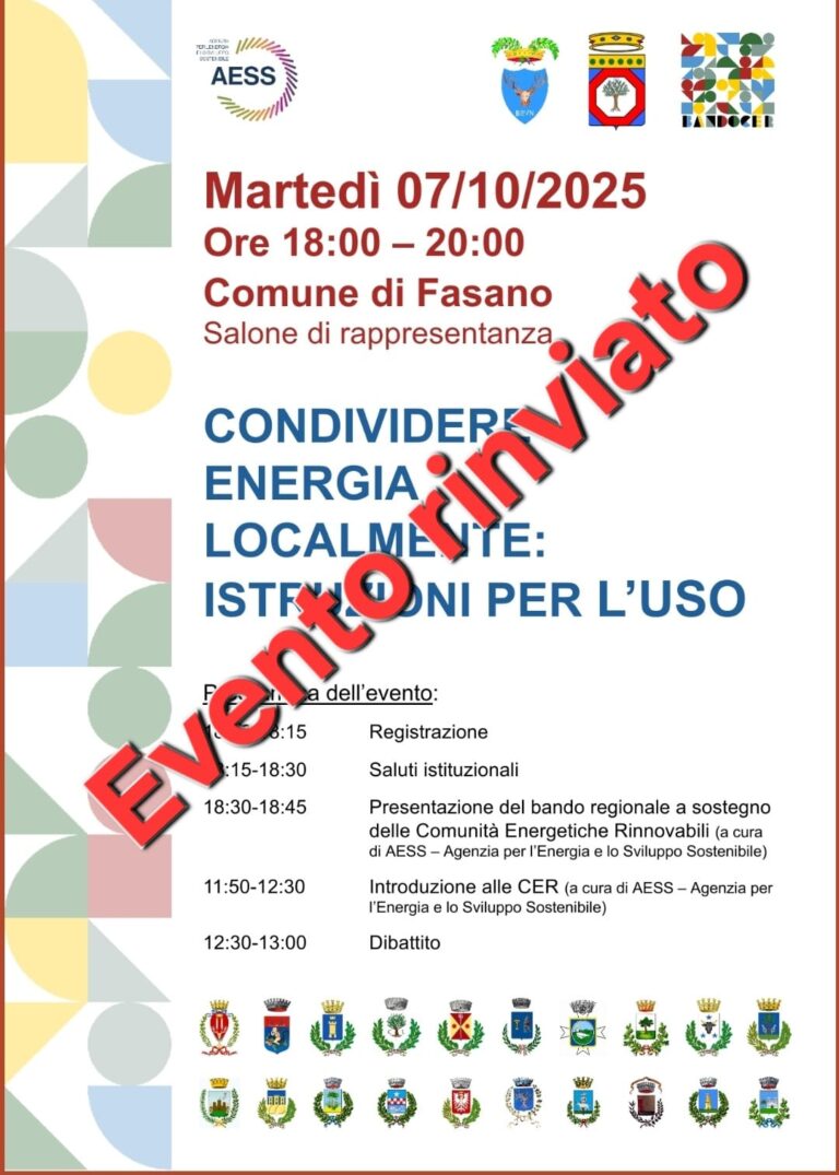 Rinvio dell’evento Comunità Energetica Rinnovabile (CER) nel territorio della Provincia di Brindisi - Osservatorio Fasano
