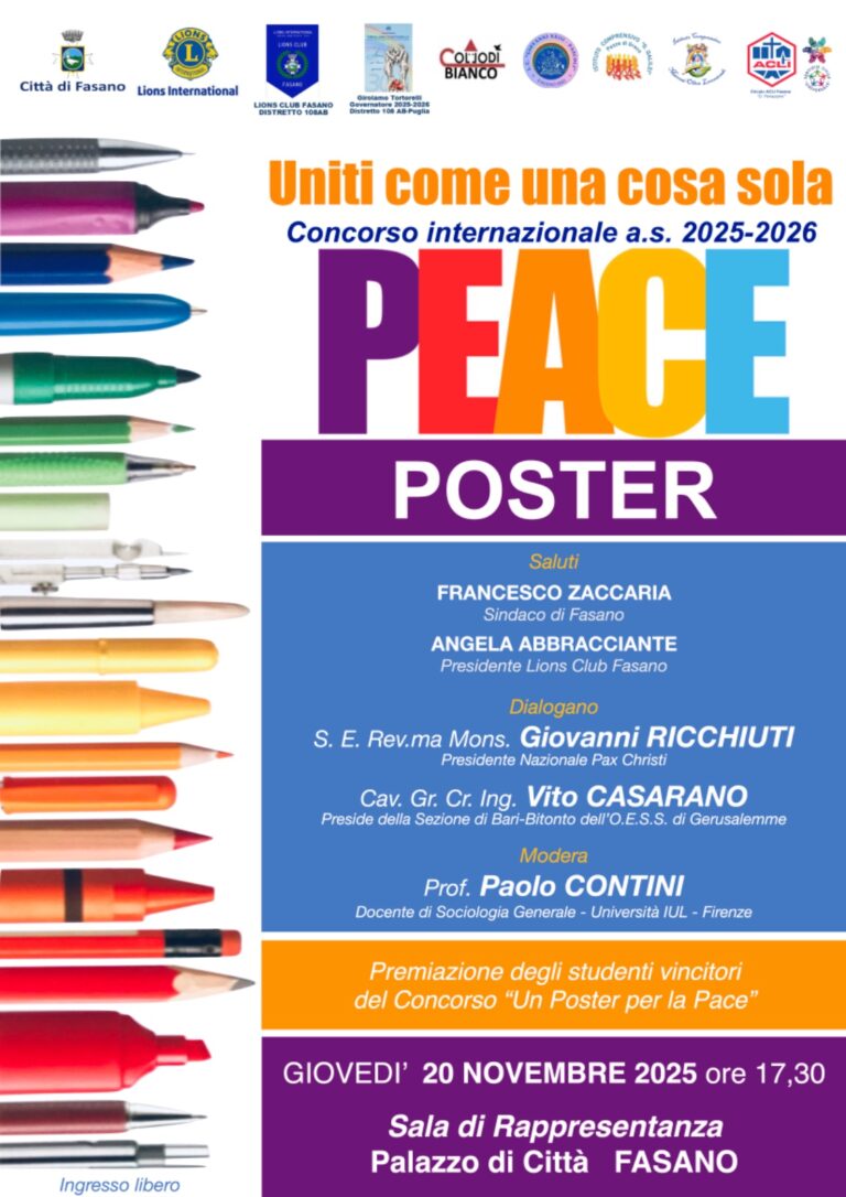 Il Lions Club Fasano premia i ragazzi vincitori del concorso internazionale “Un poster per la pace”. - Osservatorio Fasano