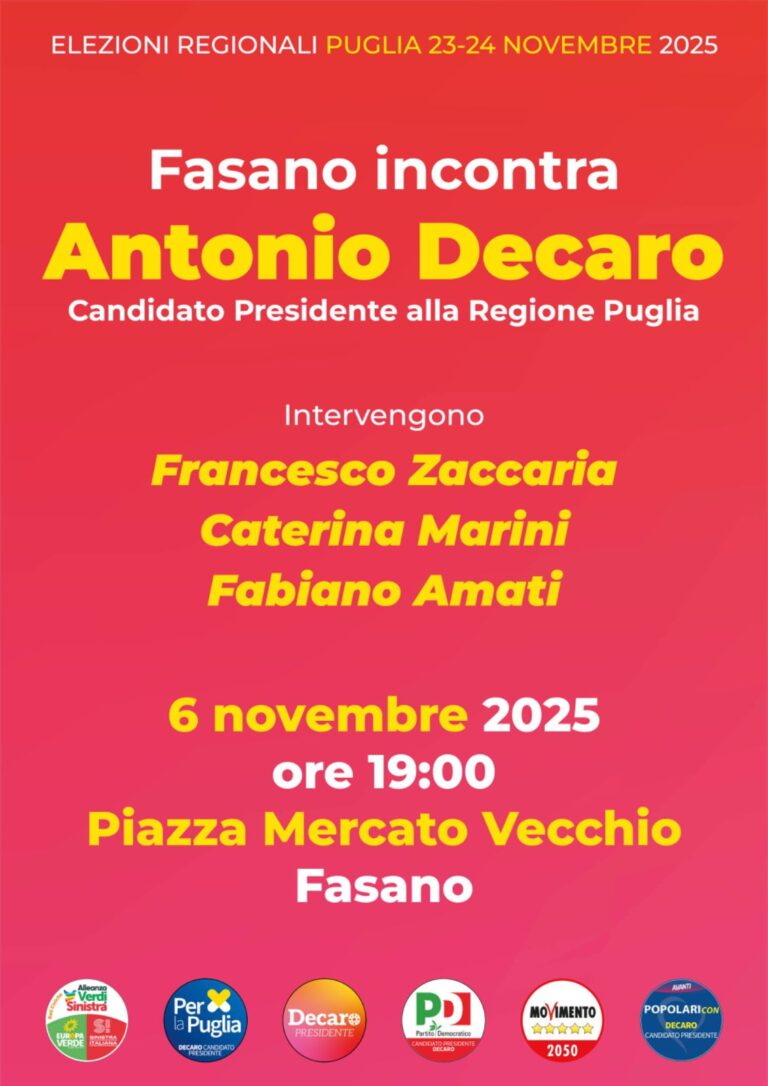 Elezioni Regionali: domani Decaro fa tappa a Fasano - Osservatorio Fasano