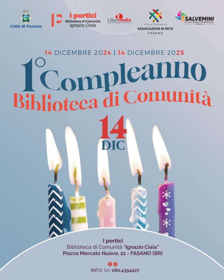 I Portici – Biblioteca di Comunità “Ignazio Ciaia” festeggia il suo primo compleanno I Portici - Biblioteca di Comunità “Ignazio Ciaia” festeggia il suo primo compleanno - Osservatorio Fasano