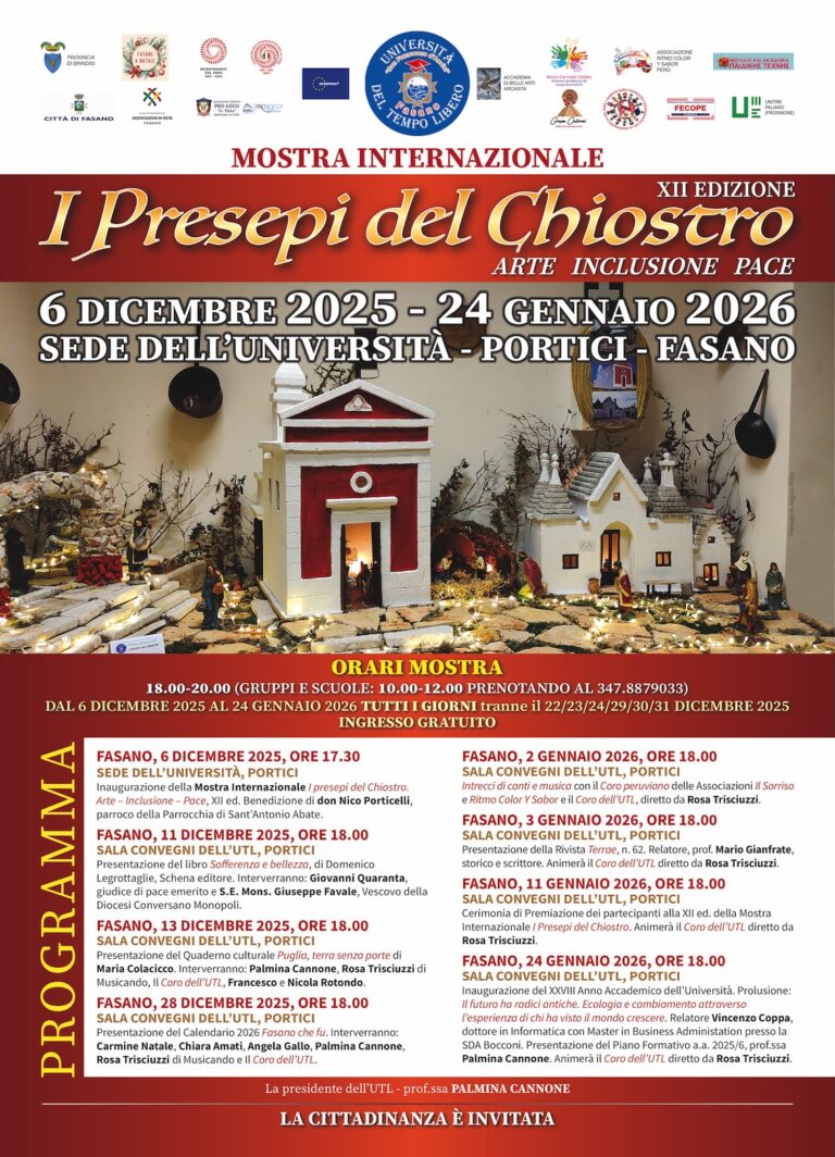 All’UTL di Fasano si inaugura la XII ed. della Mostra Internazionale “I Presepi del Chiostro”  - Osservatorio Fasano