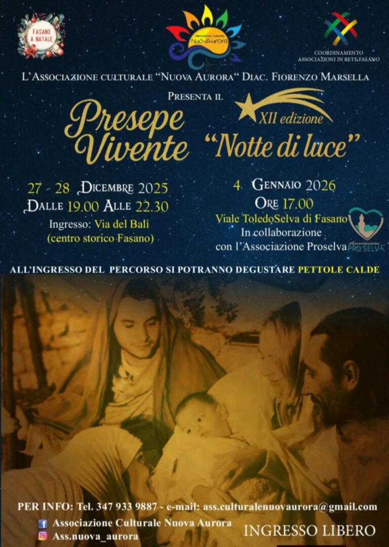 Fasano, la “Notte di Luce” della Nuova Aurora: torna il presepe vivente tra fede e speranza - Osservatorio Fasano