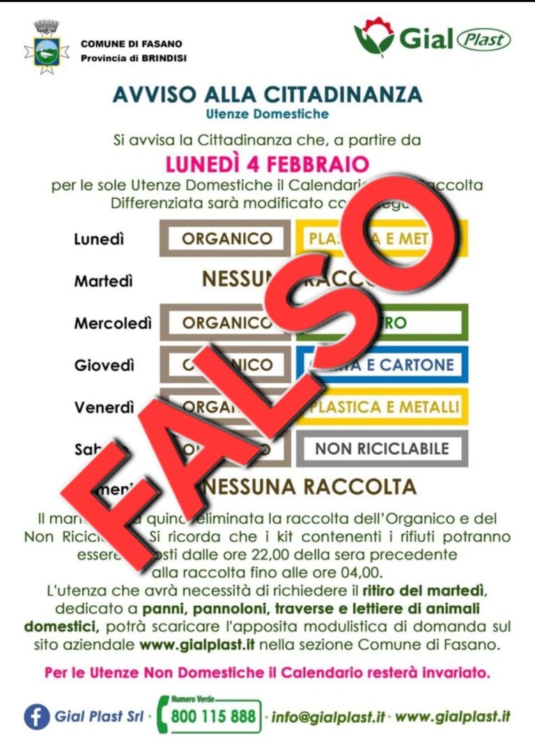 Attenzione: circola sul web un falso calendario della raccolta differenziata Attenzione: circola sul web un falso calendario della raccolta differenziata - Osservatorio Fasano