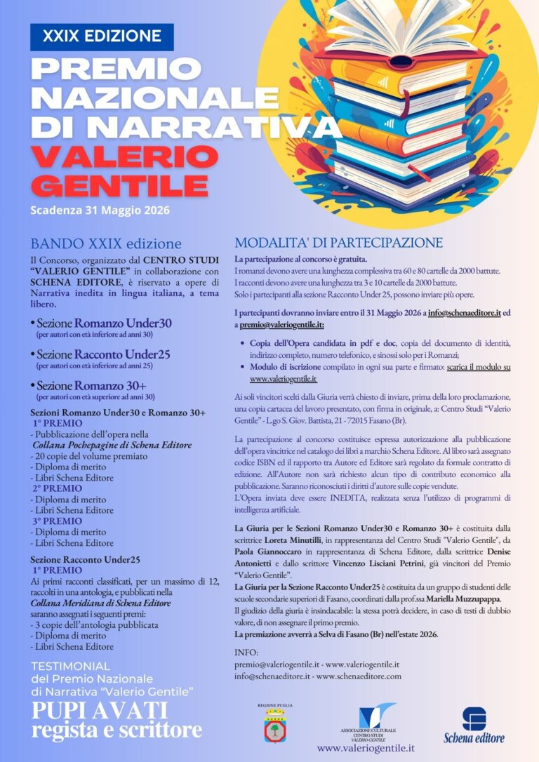 Scrittori cercasi: al via la XXIX edizione del Premio Nazionale di Narrativa “Valerio Gentile” - Osservatorio Fasano