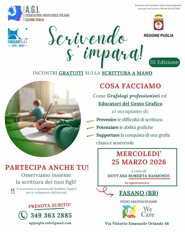 "Scrivendo s'impara": torna a Fasano l'iniziativa gratuita A.G.I. Puglia per la scrittura dei bambini - Osservatorio Fasano