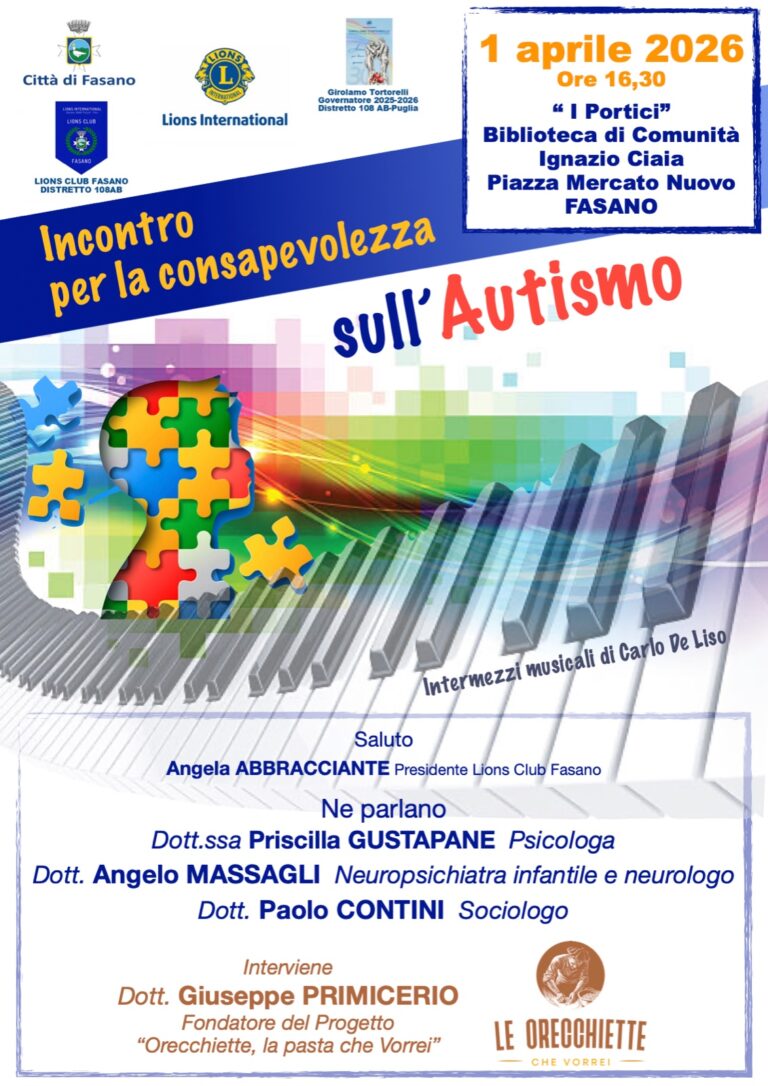 Autismo: il Lions Club Fasano promuove un incontro sulla cultura dell’inclusione Autismo: il Lions Club Fasano promuove un incontro sulla cultura dell’inclusione - Osservatorio Fasano
