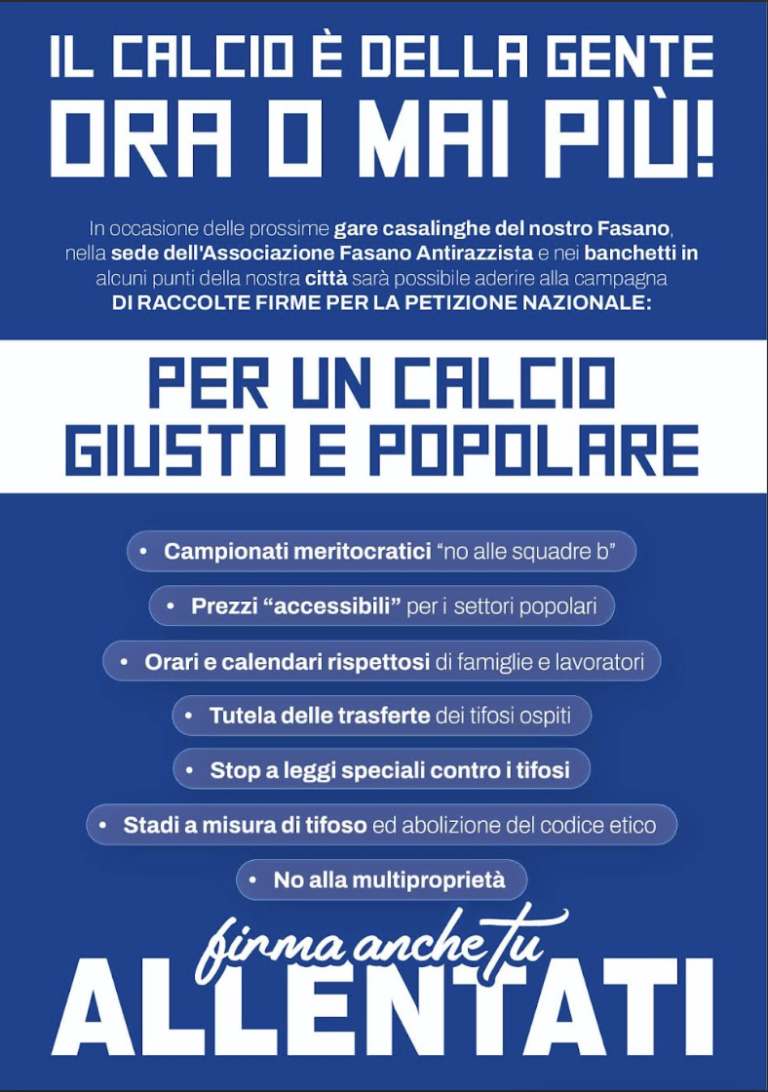 Allentati Fasano: lancia la petizione “Per un Calcio giusto e popolare” Allentati Fasano: lancia la petizione “Per un Calcio giusto e popolare” - Osservatorio Fasano