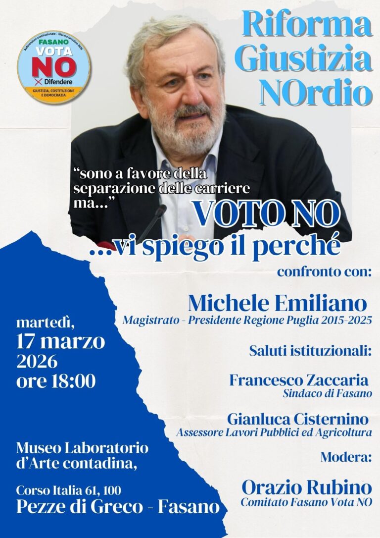 Referendum Giustizia: Michele Emiliano a Fasano per spiegare le ragioni del "NO" - Osservatorio Fasano