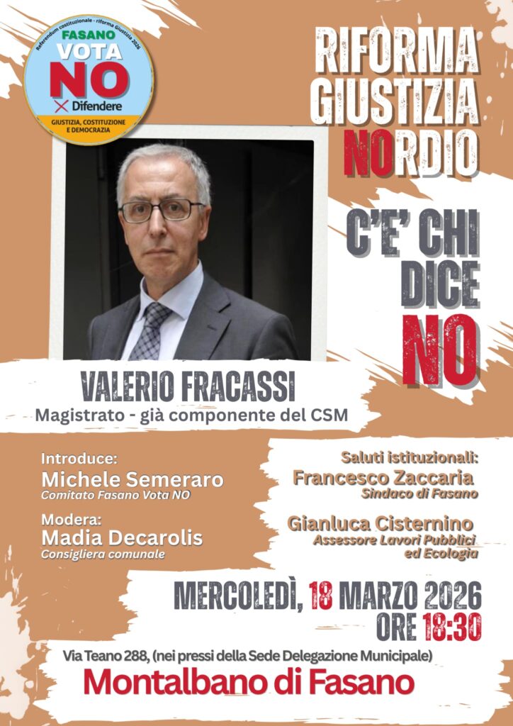Referendum, il fronte del "No" accelera: dopo Emiliano, a Montalbano arriva il magistrato Fracassi - Osservatorio Fasano