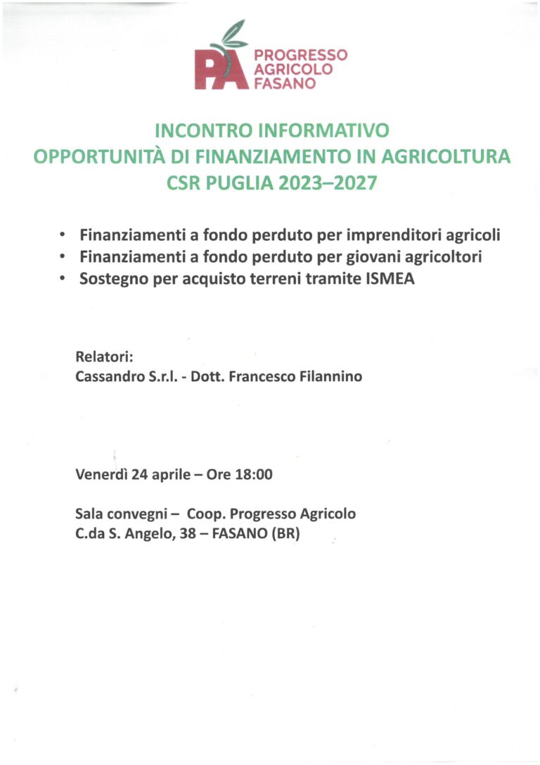 Alla Coop. Progresso Agricolo un Incontro informativo delle opportunità di finanziamento in agricoltura - Osservatorio Fasano