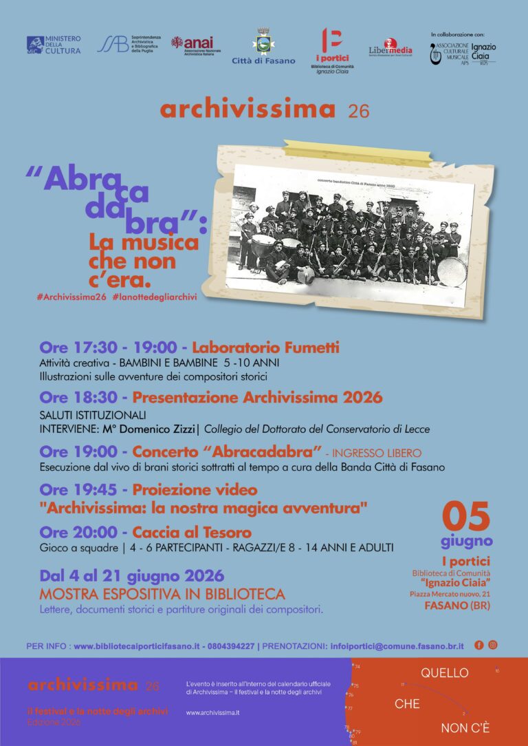 “Abracadabra”: la Biblioteca di Comunità riscopre i compositori dimenticati per “Archivissima 2026” “Abracadabra”: la Biblioteca di Comunità riscopre i compositori dimenticati per “Archivissima 2026” - Osservatorio Fasano