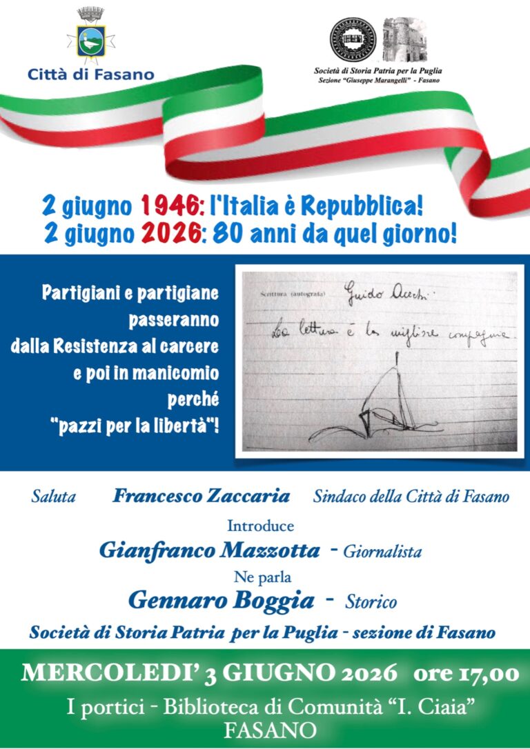 Incontro in occasione della Festa della Repubblica della Sezione di Fasano della Società di Storia Patria “PAZZI PER LA LIBERTA” – Dalla Resistenza al carcere al manicomio Incontro in occasione della Festa della Repubblica della Sezione di Fasano della Società di Storia Patria “PAZZI PER LA LIBERTA” - Dalla Resistenza al carcere al manicomio - Osservatorio Fasano