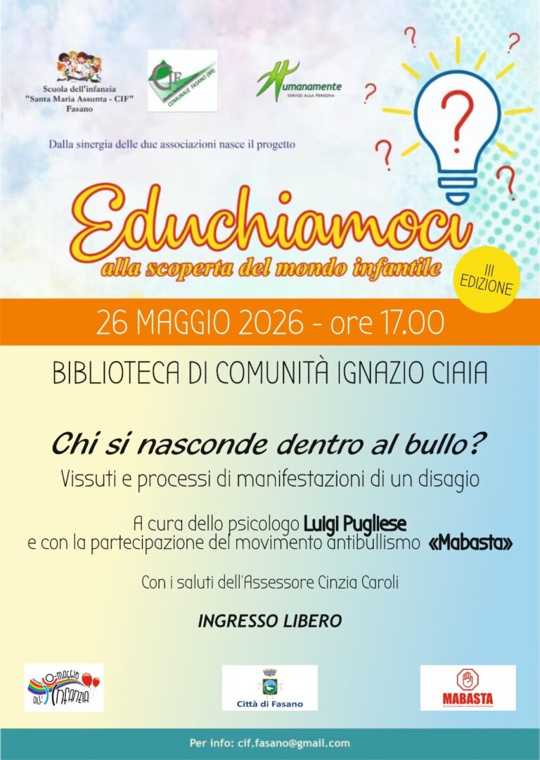 L’ultimo incontro di “Educhiamoci – alla scoperta del mondo infantile” si terrà nella Biblioteca di Comunità L’ultimo incontro di “Educhiamoci – alla scoperta del mondo infantile” si terrà nella Biblioteca di Comunità - Osservatorio Fasano