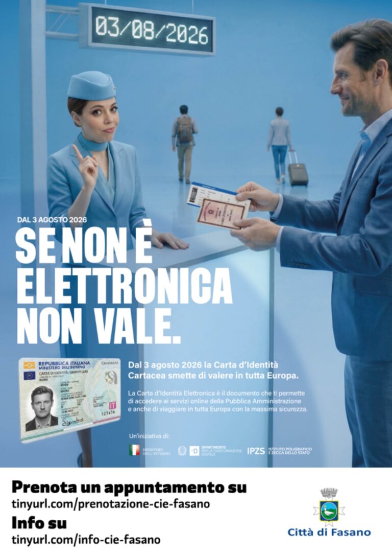 Carta d’Identità: dal 3 agosto stop alla versione cartacea. Il Comune di Fasano invita i cittadini a prenotare il rinnovo. Carta d’Identità: dal 3 agosto stop alla versione cartacea. Il Comune di Fasano invita i cittadini a prenotare il rinnovo. - Osservatorio Fasano