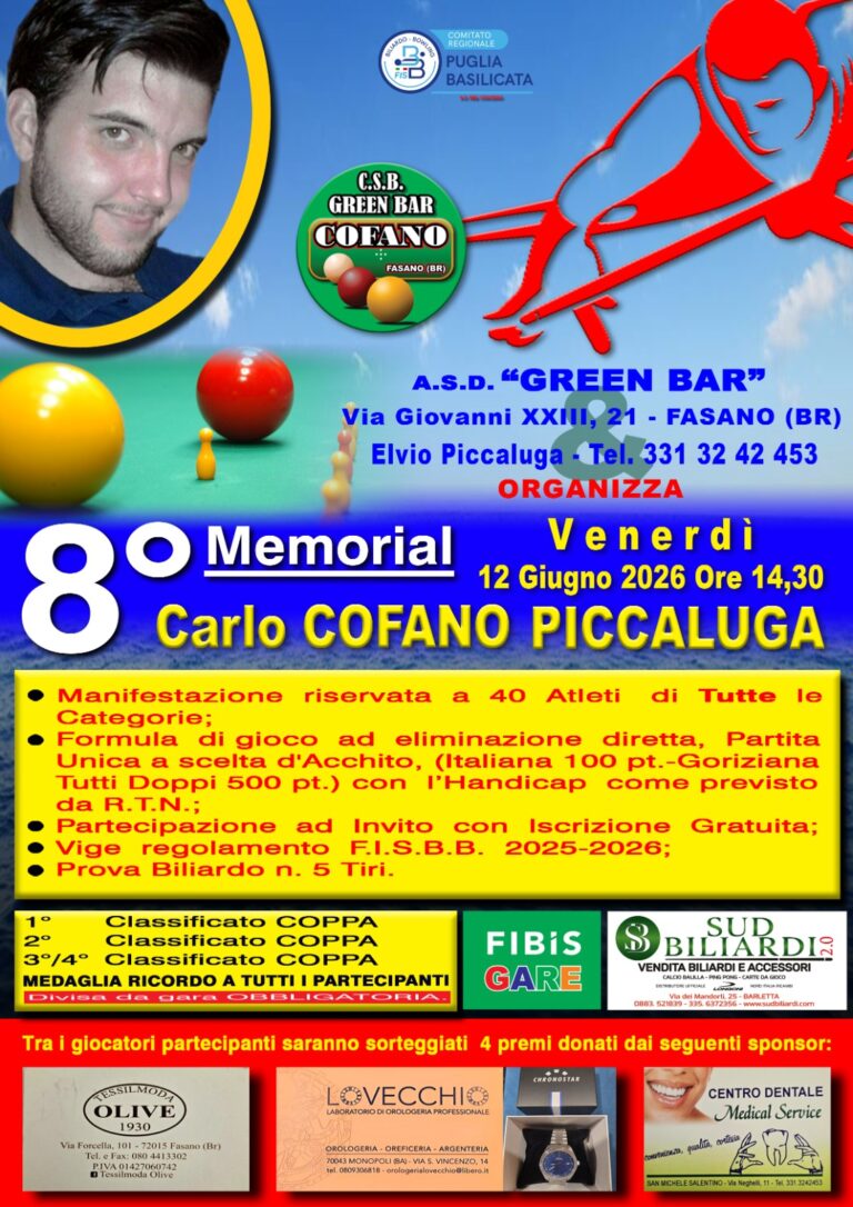 Fasano, torna il “Memorial Carlo Cofano Piccaluga”: l’8ª edizione nel segno del ricordo e del biliardo Fasano, torna il "Memorial Carlo Cofano Piccaluga": l'8ª edizione nel segno del ricordo e del biliardo - Osservatorio Fasano