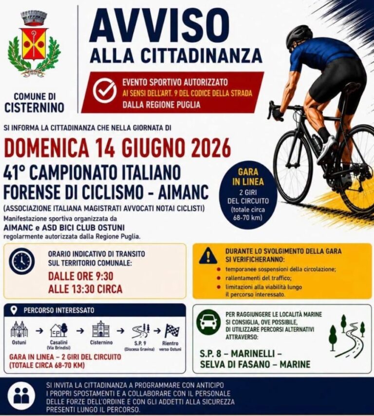 41° Campionato Italiano Forense di Ciclismo: variazioni alla viabilità e percorsi alternativi per Montalbano e Speziale 41° Campionato Italiano Forense di Ciclismo: variazioni alla viabilità e percorsi alternativi per Montalbano e Speziale - Osservatorio Fasano