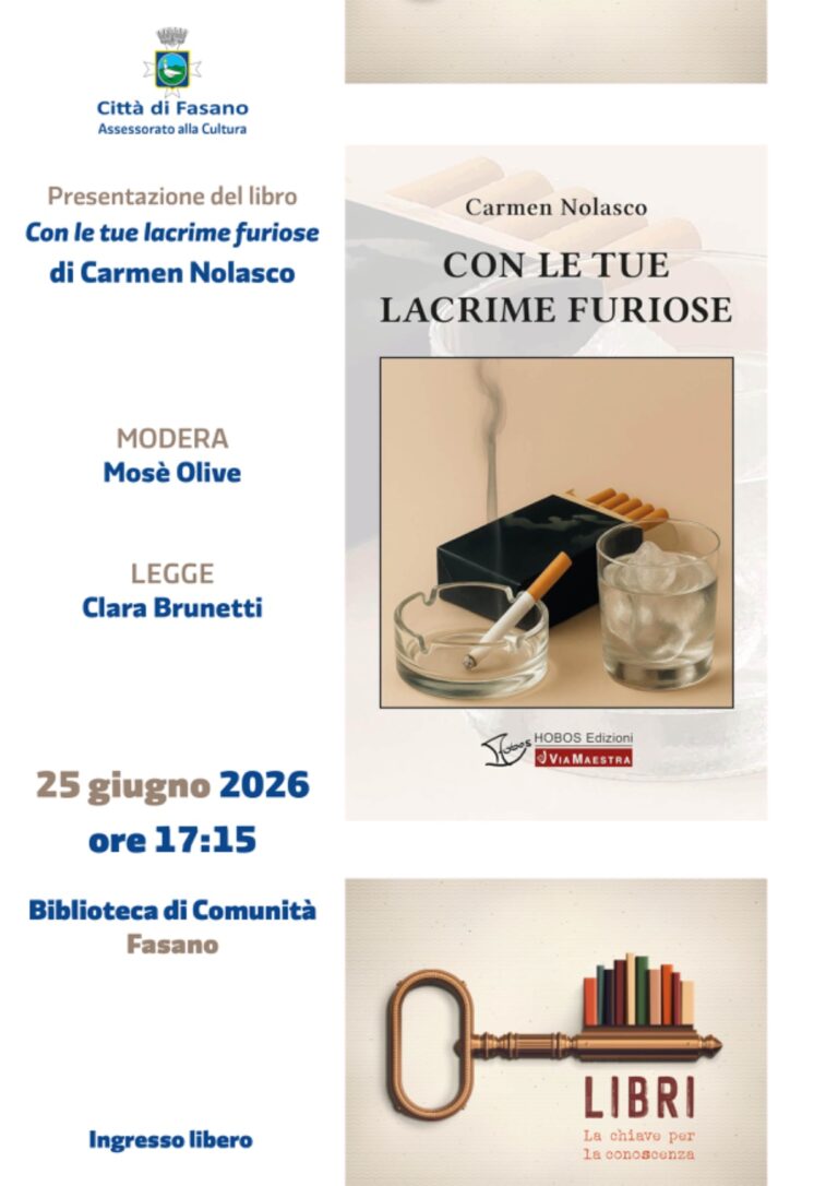 A Fasano la presentazione del libro "Con le tue lacrime furiose" di Carmen Nolasco - Osservatorio Fasano