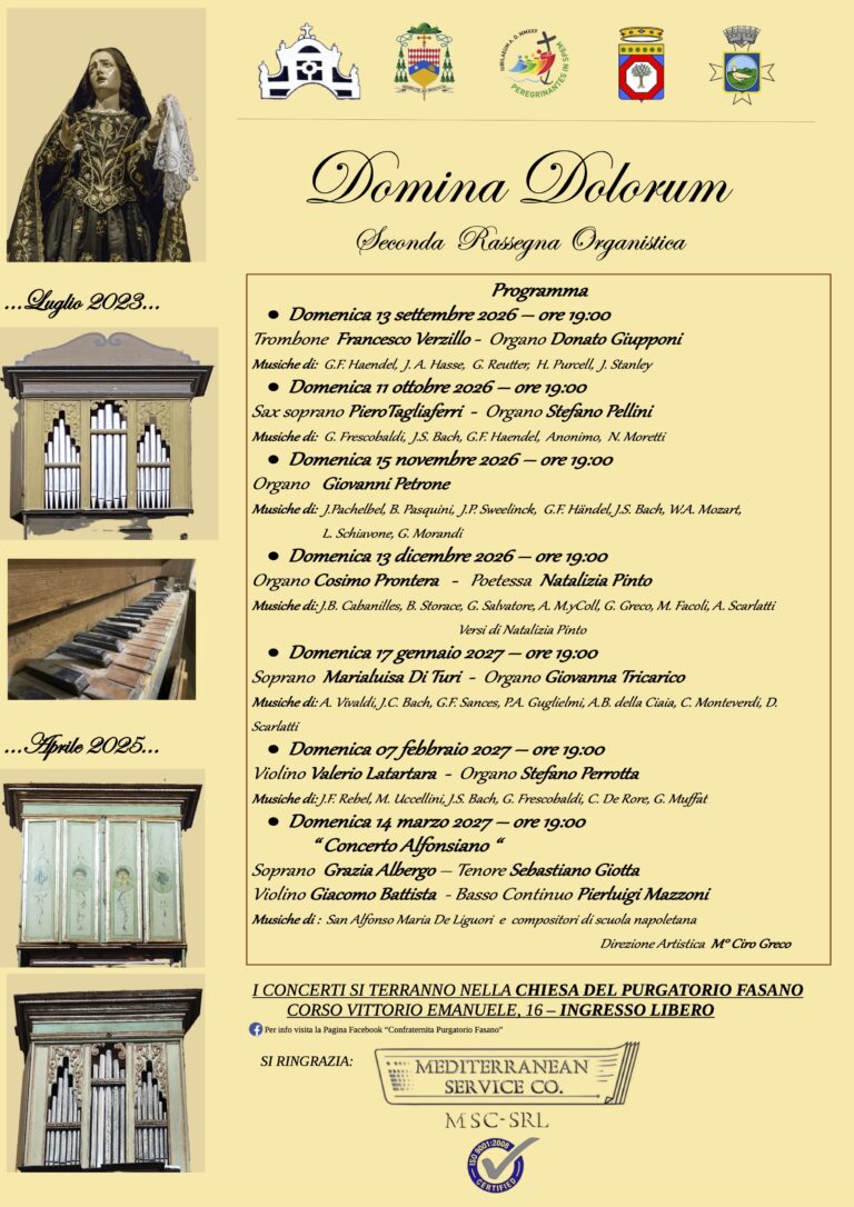 A Fasano torna la grande musica sacra: al via la seconda rassegna organistica “PEREGRINANTES – Domina Dolorum” A Fasano torna la grande musica sacra: al via la seconda rassegna organistica "PEREGRINANTES - Domina Dolorum" - Osservatorio Fasano