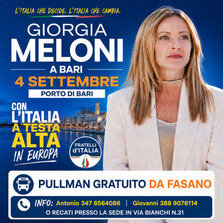 Giorgia Meloni a Bari: da Fasano parte un pullman di Fratelli d'Italia - Osservatorio Fasano