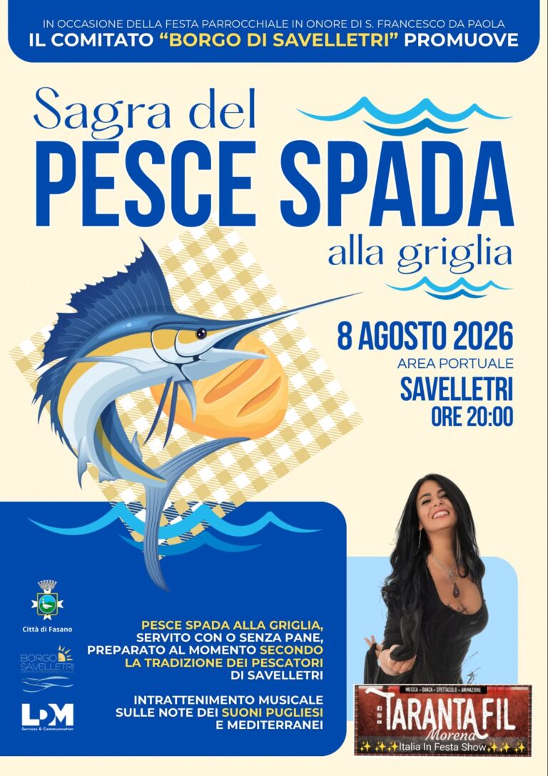 A Savelletri torna la Sagra del Pesce Spada: appuntamento a sabato 8 agosto A Savelletri torna la Sagra del Pesce Spada: appuntamento a sabato 8 agosto - Osservatorio Fasano