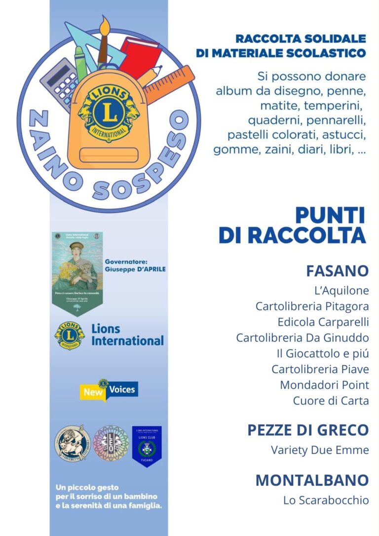 I Lions ed i Leo di Fasano sostengono il progetto “Zaino sospeso” I Lions ed i Leo di Fasano sostengono il progetto “Zaino sospeso” - Osservatorio Fasano