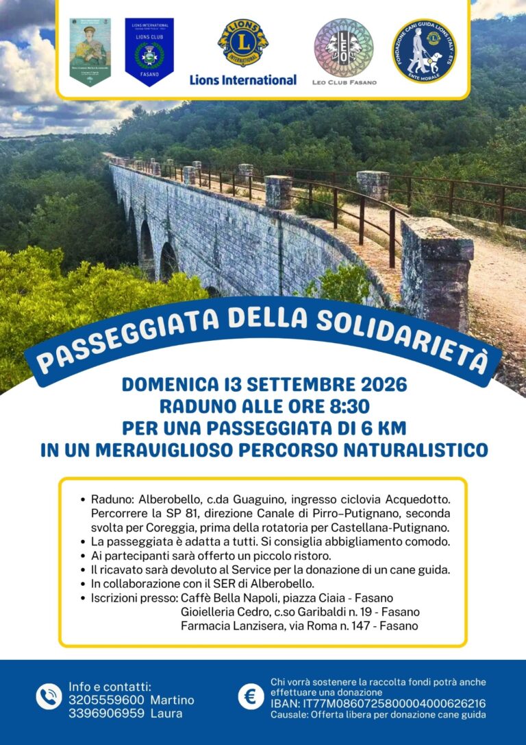 Lions e Leo di Fasano promuovono la “Passeggiata della solidarietà” per la donazione di un cane guida Lions e Leo di Fasano promuovono la “Passeggiata della solidarietà” per la donazione di un cane guida - Osservatorio Fasano