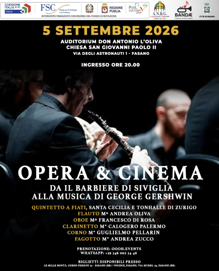 “Opera e Cinema”: a Fasano il prestigioso quintetto di fiati Santa Cecilia – Tonhalle Di Zurigo “Opera e Cinema”: a Fasano il prestigioso quintetto di fiati Santa Cecilia – Tonhalle Di Zurigo - Osservatorio Fasano
