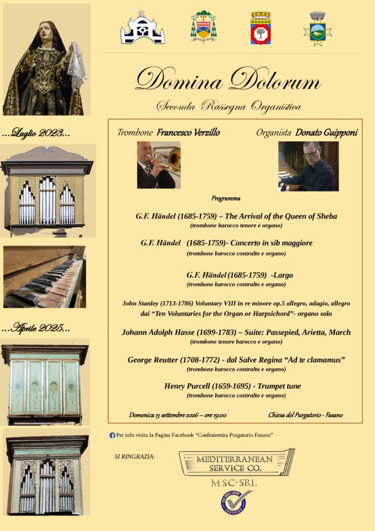 Torna a Fasano la rassegna organistica “Domina Dolorum”: al via la seconda edizione presso la Chiesa del Purgatorio Torna a Fasano la rassegna organistica “Domina Dolorum”: al via la seconda edizione presso la Chiesa del Purgatorio - Osservatorio Fasano