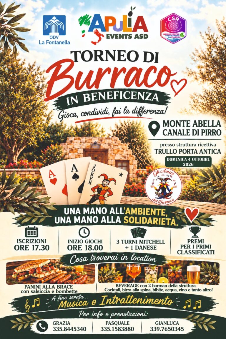 Burraco, solidarietà e ambiente: a Monte Abele una serata per fare la differenza Burraco, solidarietà e ambiente: a Monte Abele una serata per fare la differenza - Osservatorio Fasano