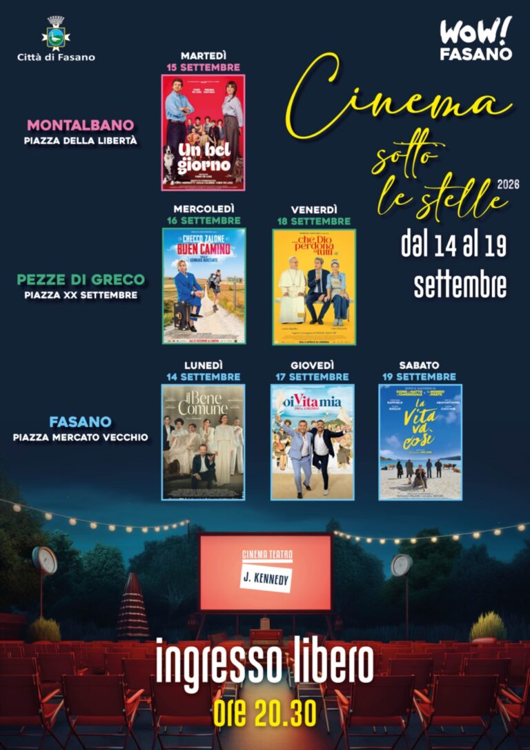 Al via “Cinema sotto le stelle 2026”: grandi film ed emozioni a cielo aperto nelle piazze del territorio Al via "Cinema sotto le stelle 2026": grandi film ed emozioni a cielo aperto nelle piazze del territorio - Osservatorio Fasano
