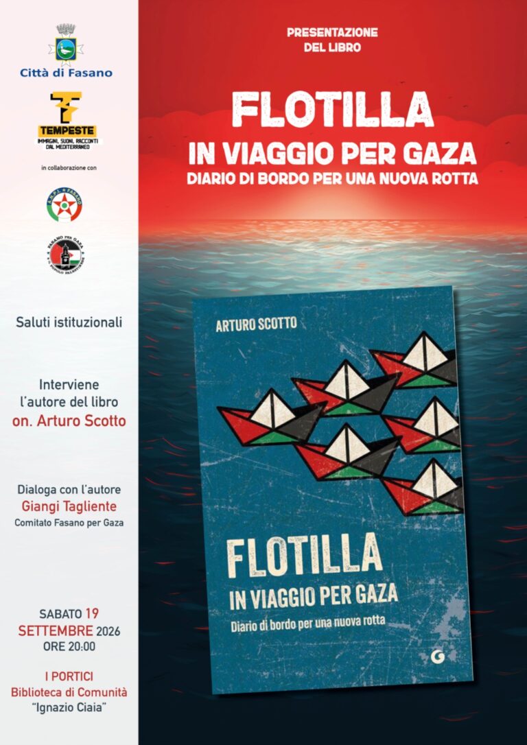 Tempeste Festival, a Fasano l'on. Arturo Scotto presenta il libro "Flotilla - In viaggio per Gaza" - Osservatorio Fasano