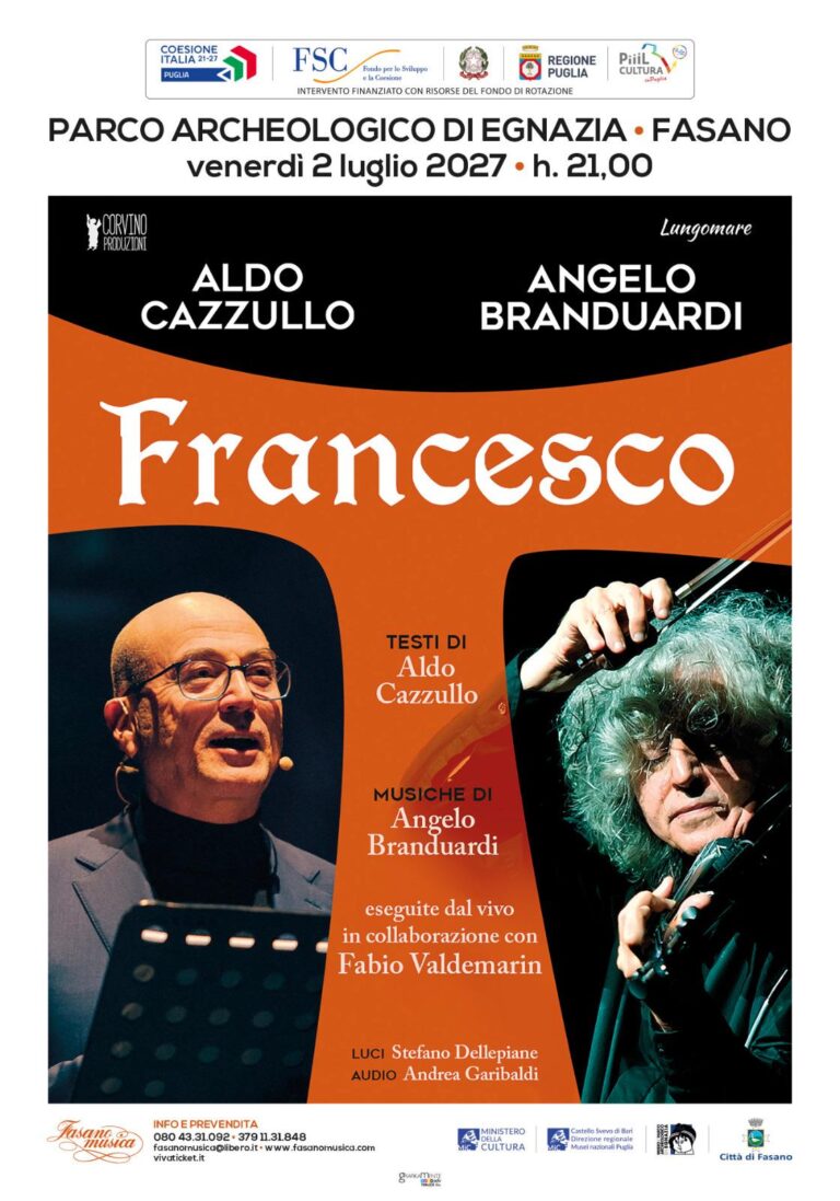 Fasanomusica presenta “Francesco”: Aldo Cazzullo e Angelo Branduardi al Parco Archeologico di Egnazia Fasanomusica presenta “Francesco”: Aldo Cazzullo e Angelo Branduardi al Parco Archeologico di Egnazia - Osservatorio Fasano