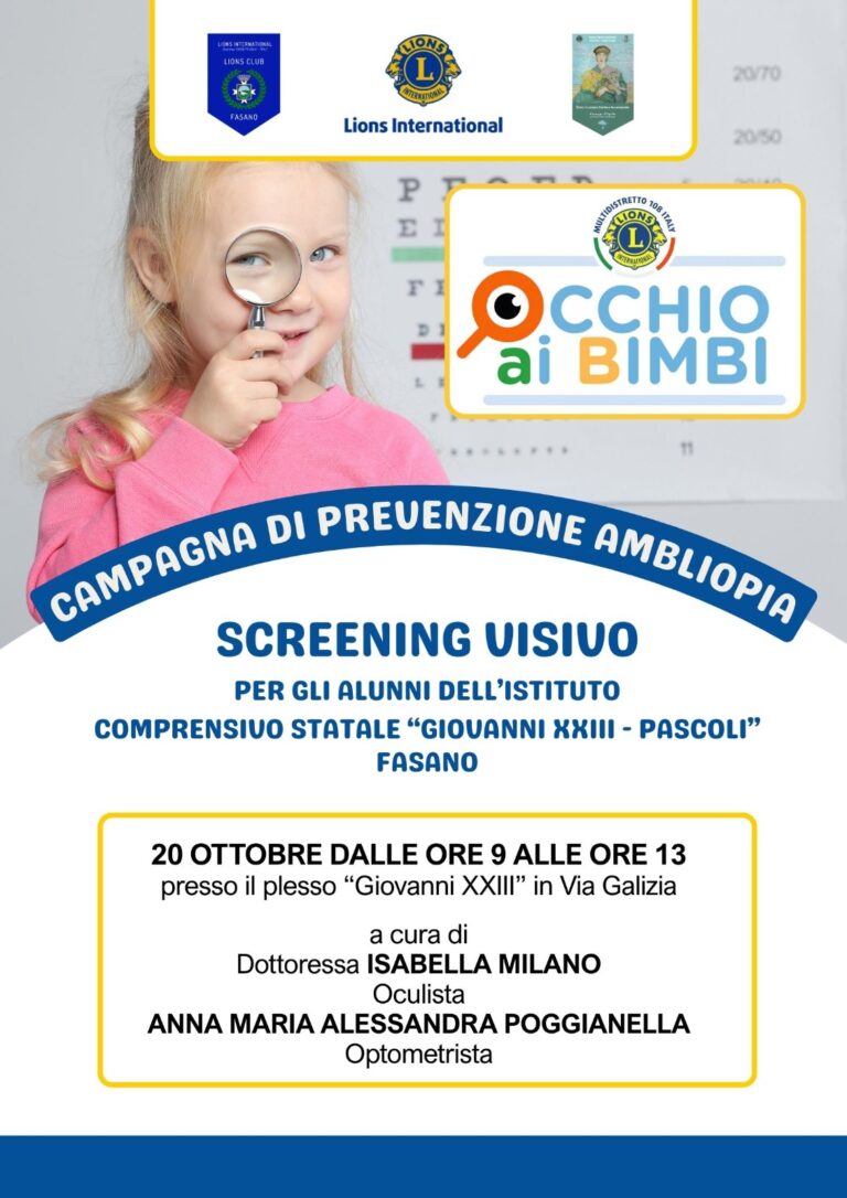 Il Lions Club Fasano promuove la prevenzione dell’ambliopia per i bambini dell’I.C. Giovanni XXIII – Pascoli di Fasano. - Osservatorio Fasano