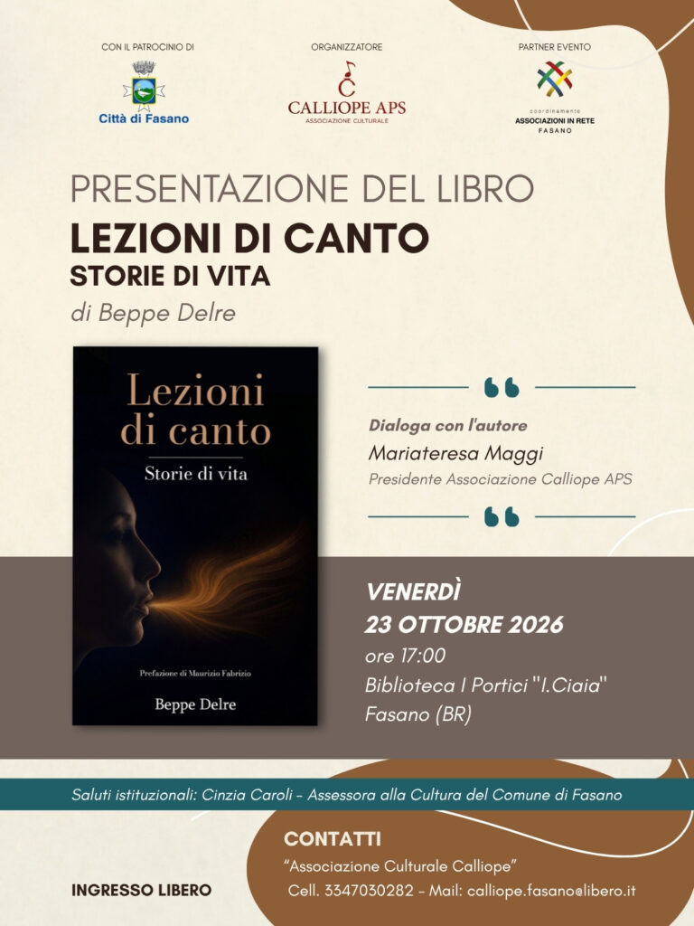 A Fasano la presentazione del libro «Lezioni di canto. Storie di vita» di Beppe Delre A Fasano la presentazione del libro «Lezioni di canto. Storie di vita» di Beppe Delre - Osservatorio Fasano