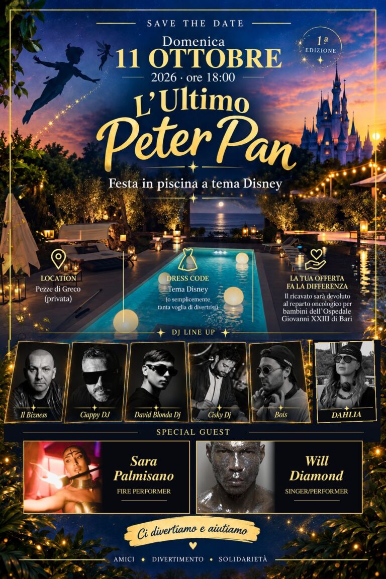 ‘L’Ultimo Peter Pan’: musica, spettacolo e solidarietà per sostenere l’oncologia pediatrica del Giovanni XXIII di Bari 'L'Ultimo Peter Pan': musica, spettacolo e solidarietà per sostenere l'oncologia pediatrica del Giovanni XXIII di Bari - Osservatorio Fasano